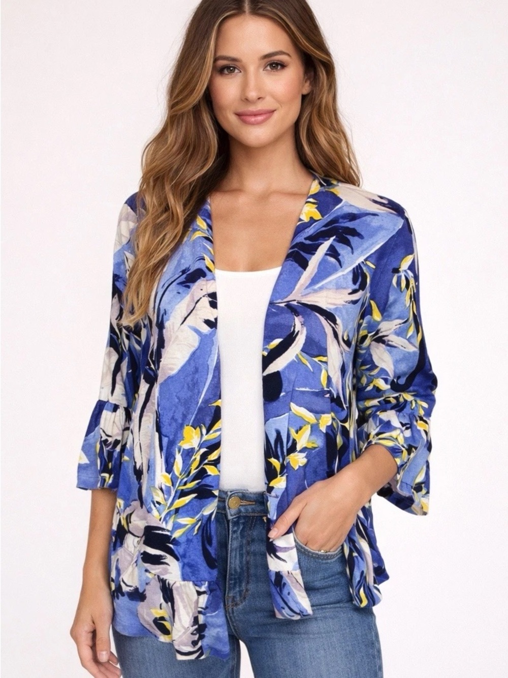 Chicos- Blue Floral Open-Front Kimono Cardigan